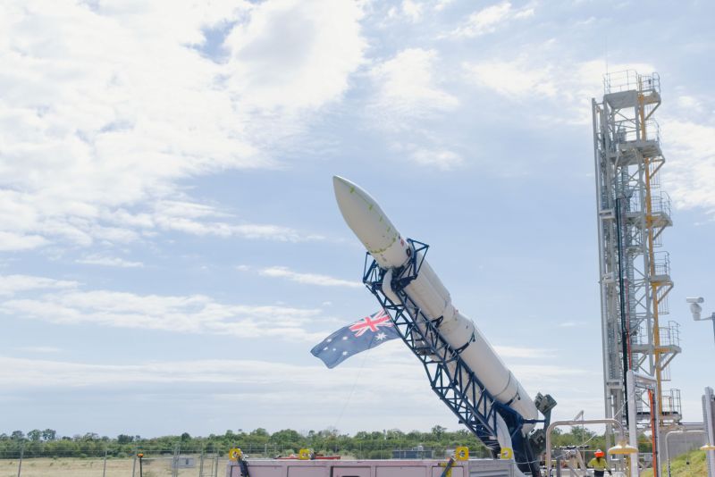 Gilmour skyrocket on launching tower with the Australian flag