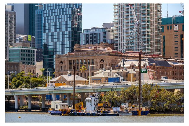 Barge undertaking geotechnical drilling for the proposed pedestrian bridge - August 2018
