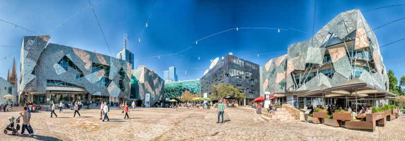 Panoramic view of Federation Square on 2015 in Melbourne. It is a mixed-use development in the inner city of Melbourne, covering an area of 3.2 hectares.